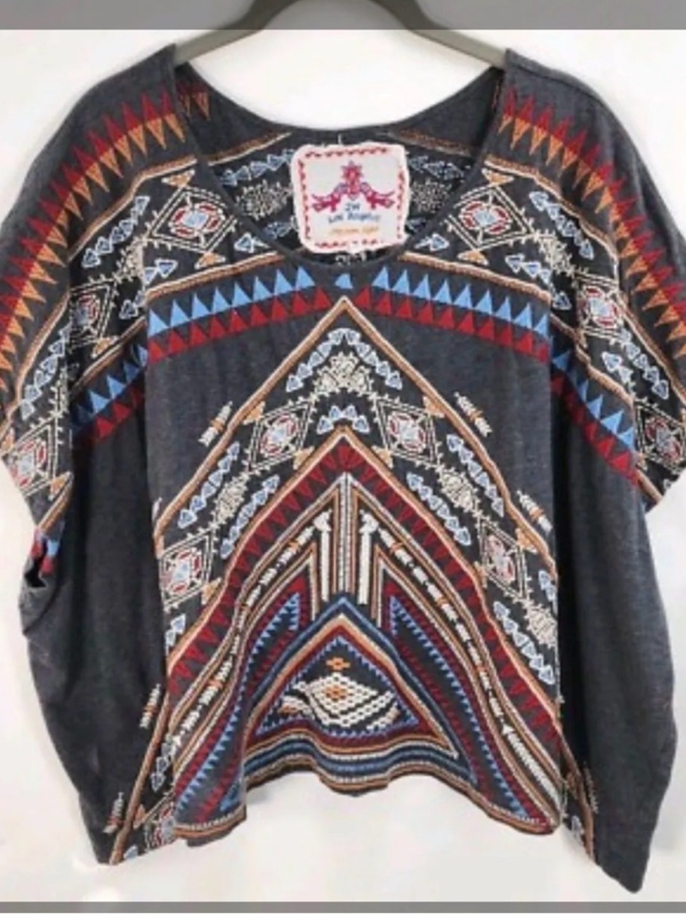 Johnny Was Boho Geometric Print Dolman Top - Charcoal with Red & Blue